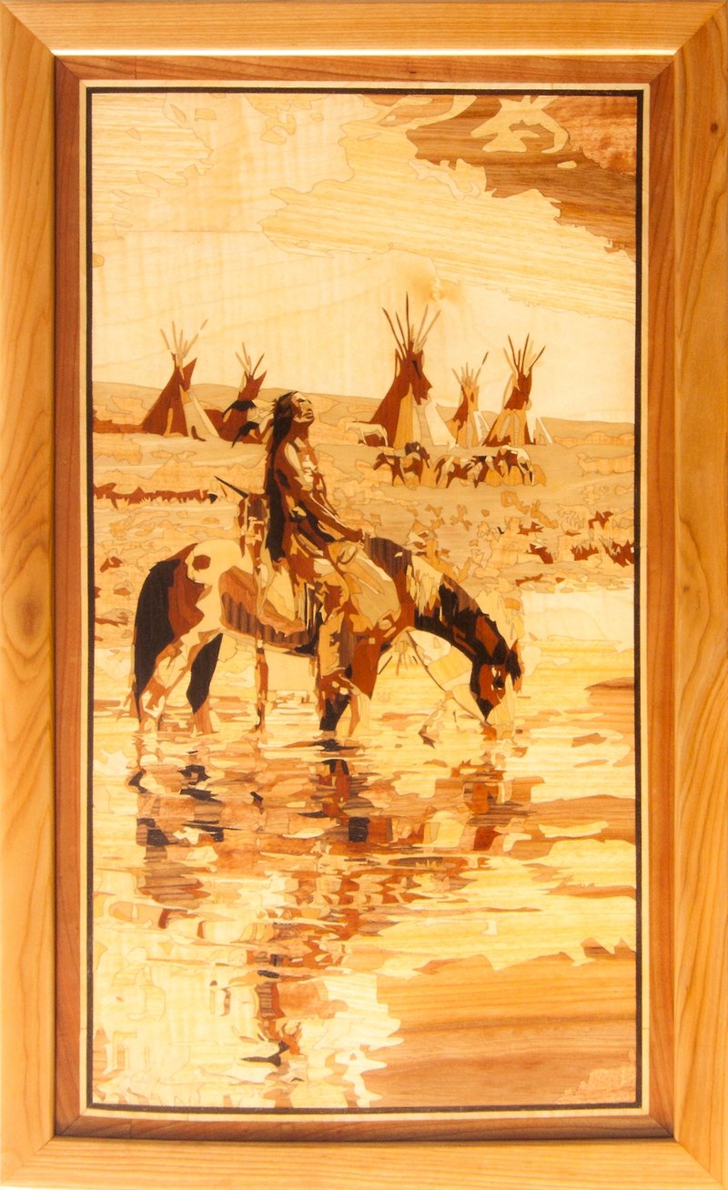 美洲原住民印地安人马景观复古乡村风格镶嵌细工镶嵌 - 墙贴/壁贴 - 木头 橘色