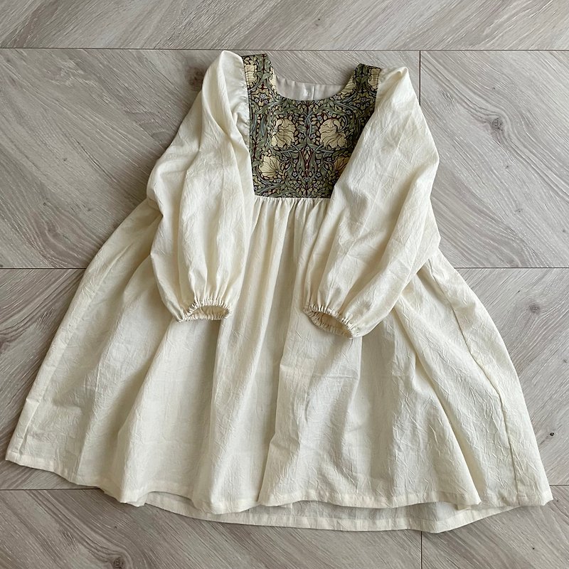 puffed sleeves dress William Morris Pimpernel brown - 童装裙 - 棉．麻 咖啡色