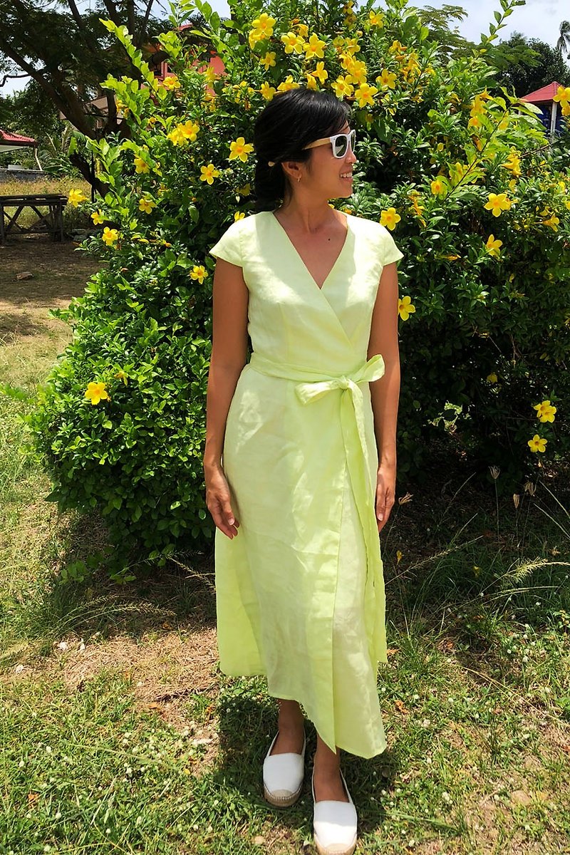 Off-Season Sales - Isabella Lemon Lime linen wrap Dress | Maxi dress - 洋装/连衣裙 - 亚麻 黄色