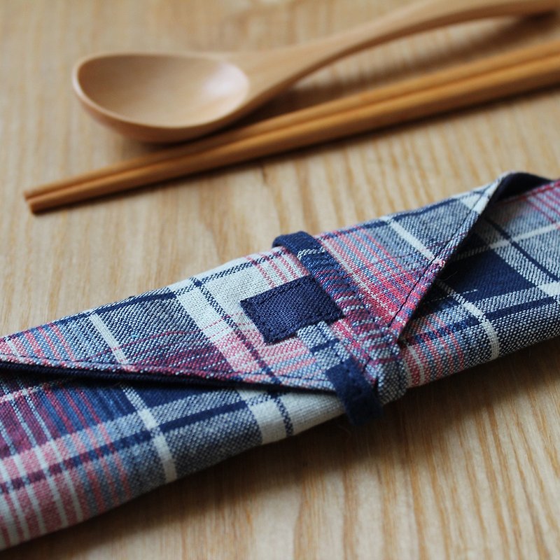 日常餐具套 棉麻布灰红蓝格+深蓝麻 选配筷子和汤匙 - 筷子/筷架 - 棉．麻 蓝色