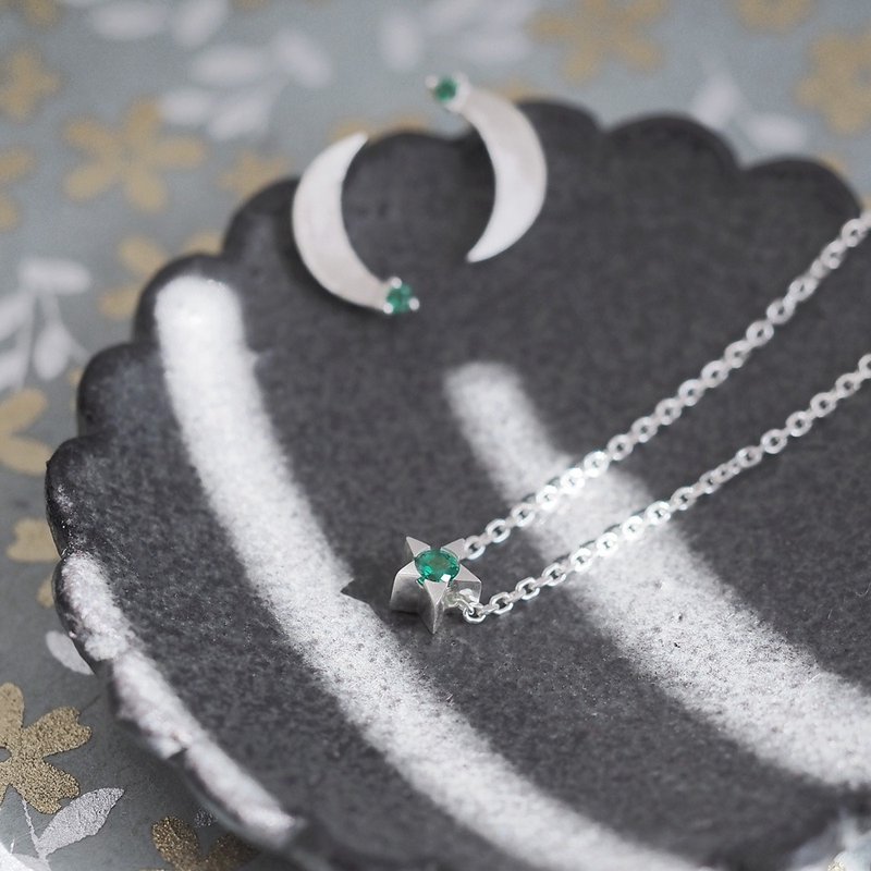 2コset) emerald 星 & 三日月 ネックレス ピアス セット シルバー925 - 项链 - 其他金属 绿色