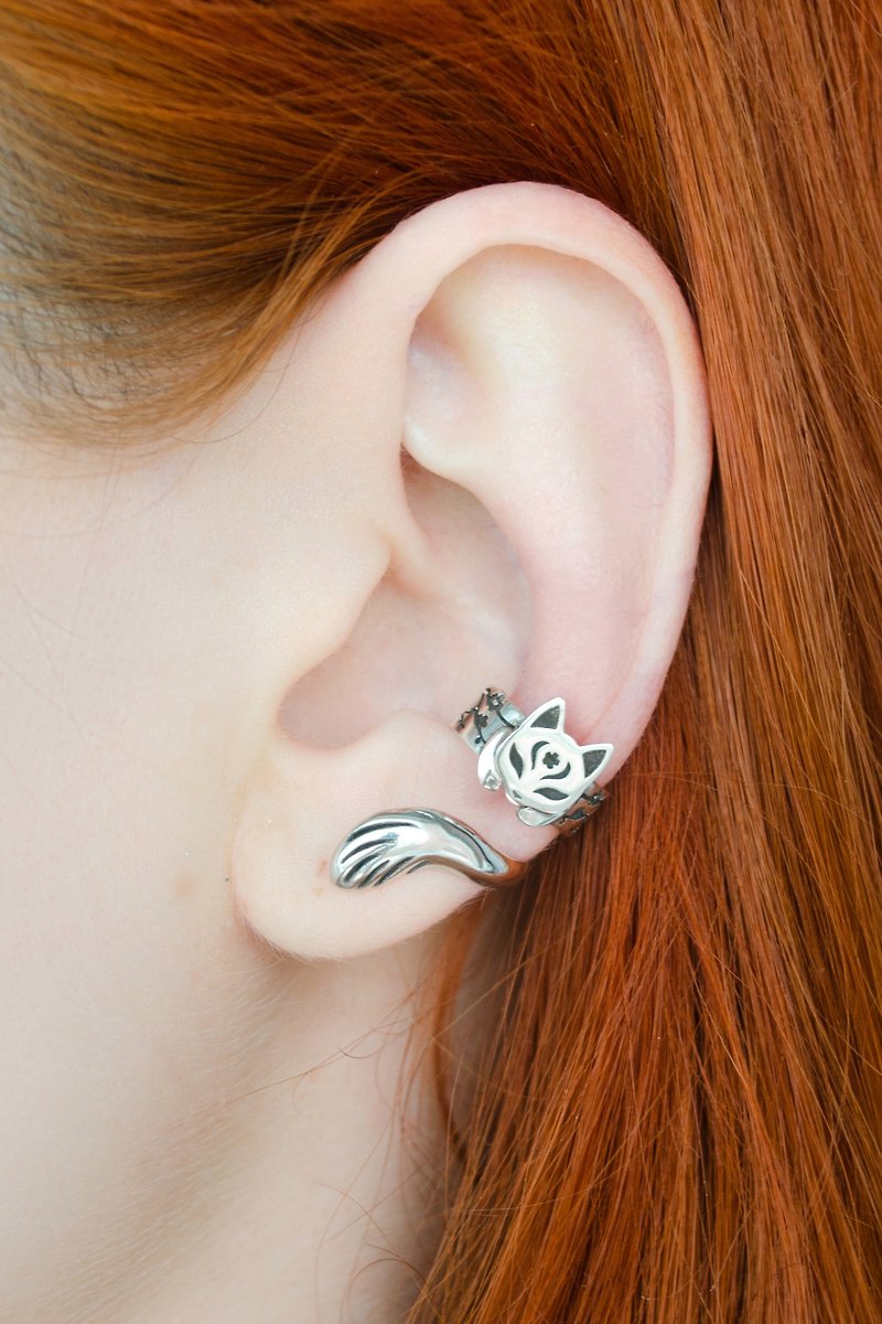 日本猫耳夹银无穿孔 - 耳环/耳夹 - 纯银 银色