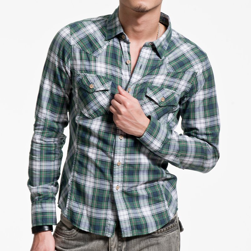 绿/白/蓝 混色格子 木头扣 长袖衬衫 - 男装衬衫 - 棉．麻 