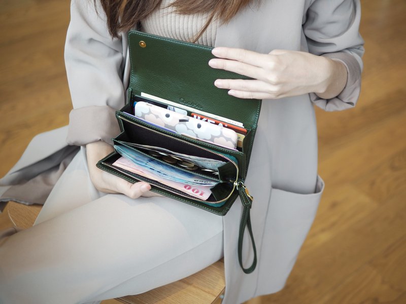 EVE (Green) : Long wallet, Green wallet, Cow leather wallet - 皮夹/钱包 - 真皮 绿色