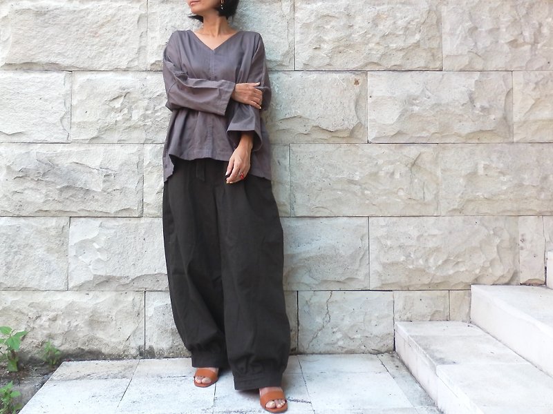 Goody Bag ウエストリボンのバルーンパンツとコットンサテンのシンプルなトップス - 女装长裤 - 棉．麻 灰色