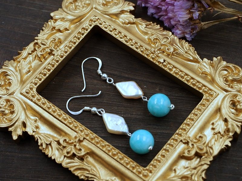 淡水珍珠 天河石 纯银耳环 Freshwater Pearl Amazonite - 耳环/耳夹 - 半宝石 蓝色