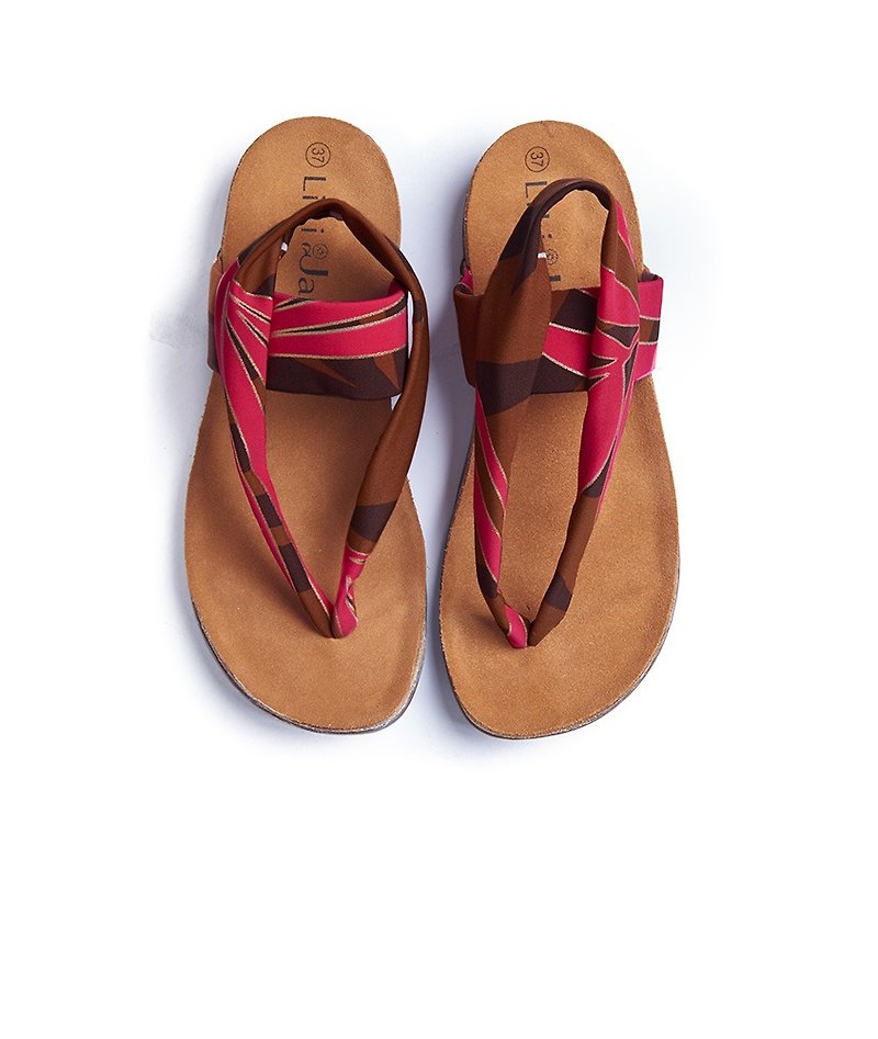 零码-【夏季的旅行】高弹力莱卡花布软木拖鞋_棕榈叶(22.5) - 男女凉鞋 - 真皮 红色