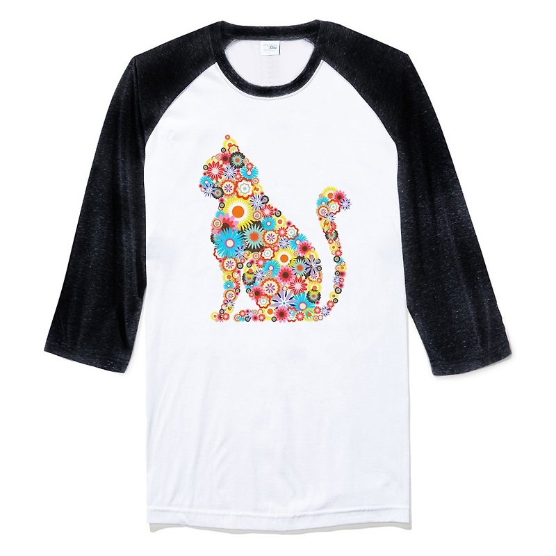 Floral Cat 七分袖T恤 白黑色 花 猫 碎花 设计 插画 艺术 - 男装上衣/T 恤 - 棉．麻 白色