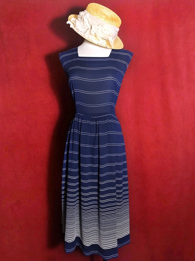 方领条纹无袖古着洋装/ 国外带回 VINTAGE - 洋装/连衣裙 - 聚酯纤维 蓝色