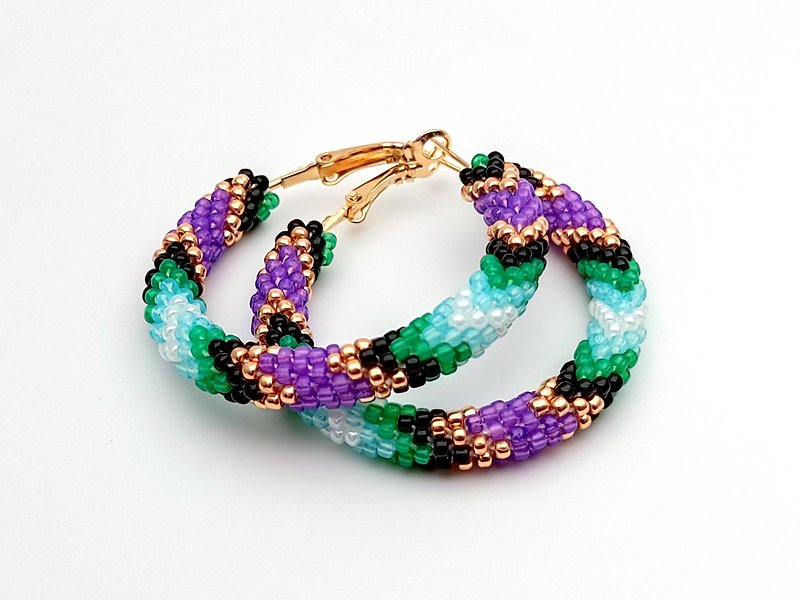 串珠耳環, 圈型耳環, Big beaded hoop earrings, Purple green earrings, Handmade jewelry - 耳环/耳夹 - 玻璃 绿色