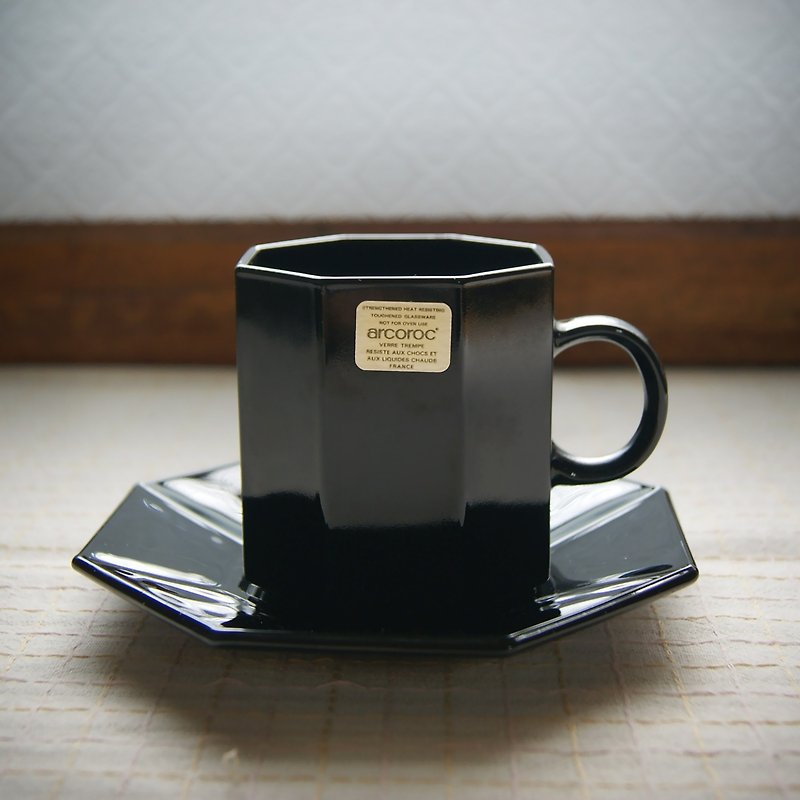 早期arcoroc咖啡杯碟组-八角 黑 (餐具/旧货/老物/玻璃/简约) - 咖啡杯/马克杯 - 玻璃 黑色