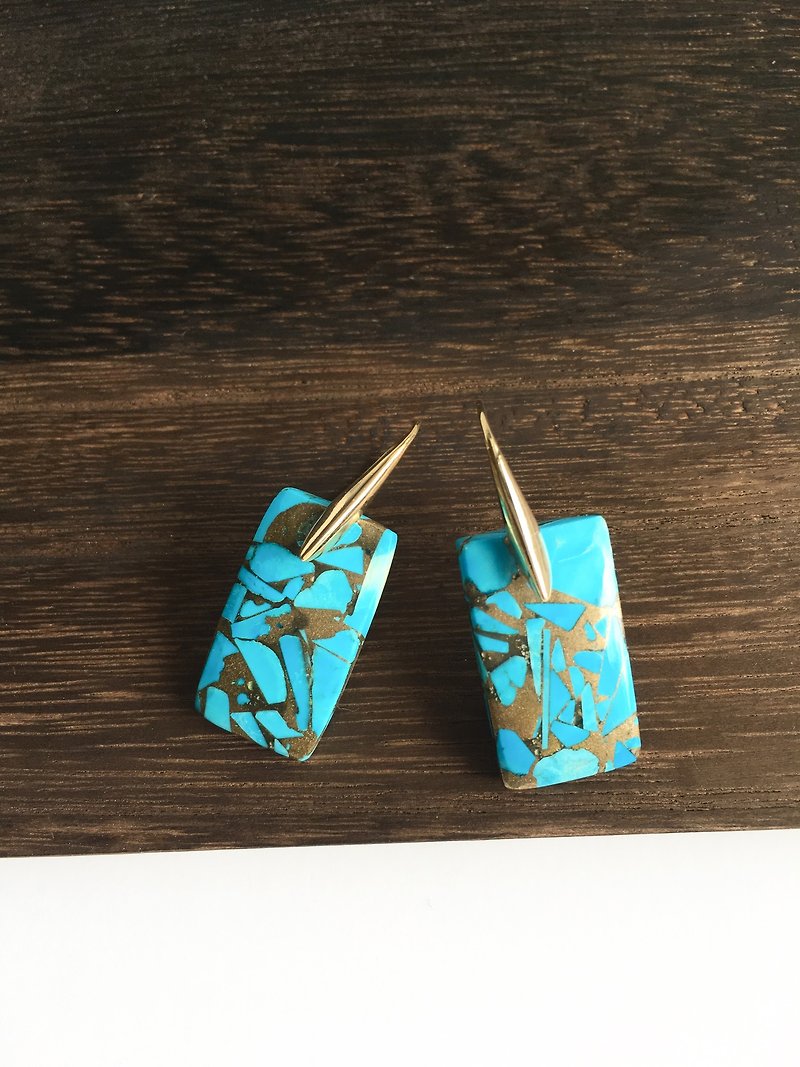 Mosaic turquoise rectangle hook-earring  SV925 - 耳环/耳夹 - 宝石 蓝色