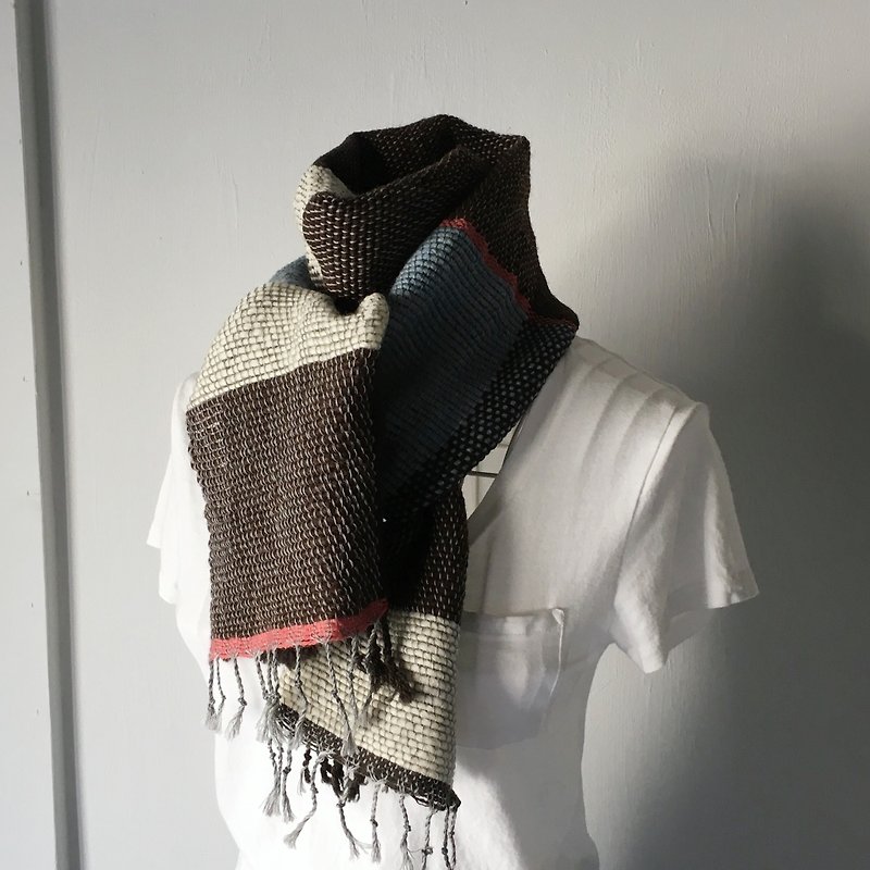 【ウール＆カシミヤ：秋冬】ユニセックス：手織りマフラー "Brown & White Mix" - 丝巾 - 羊毛 咖啡色