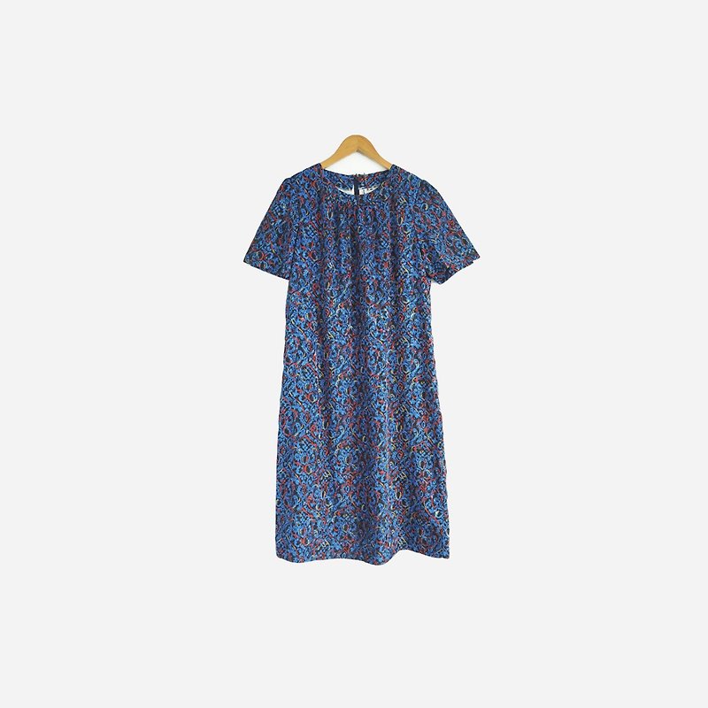 脱臼古着 / 蓝红印花圆领洋装 no.489 vintage - 洋装/连衣裙 - 其他材质 蓝色