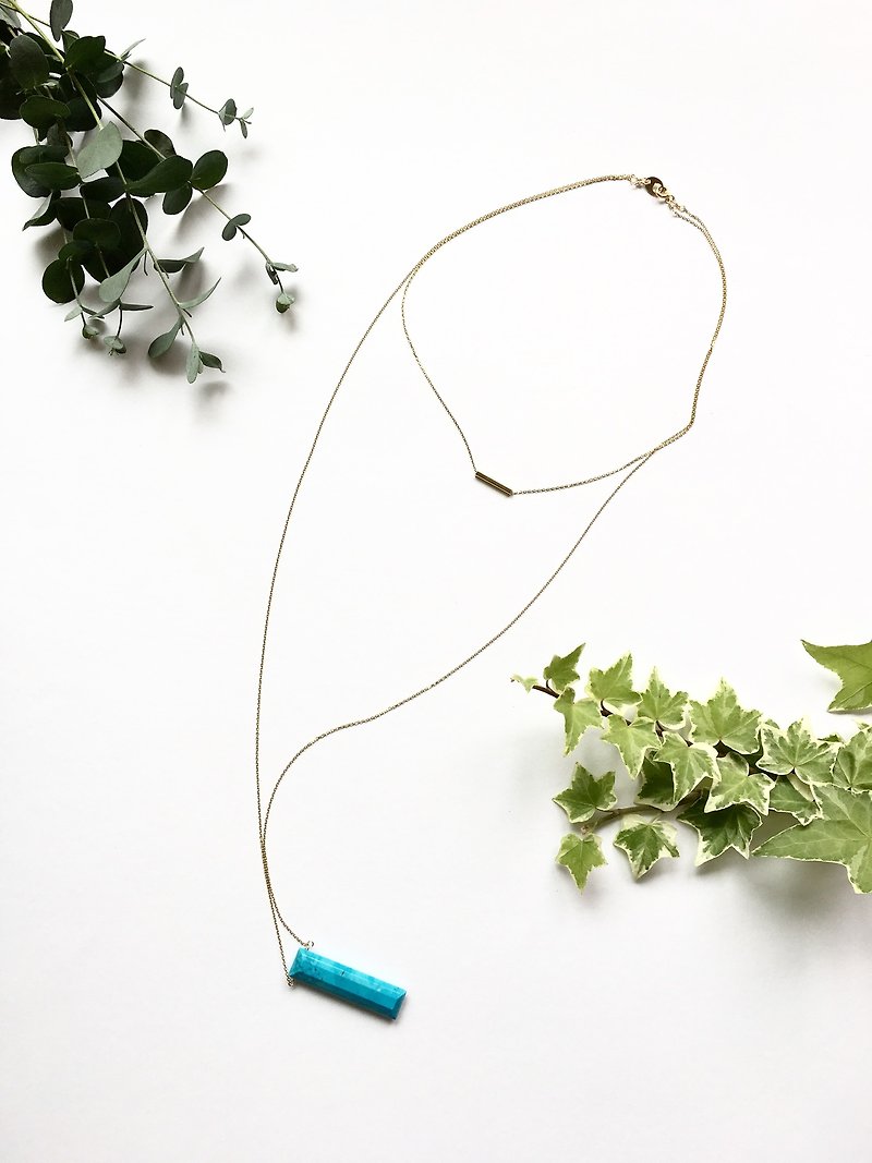 Turquoise long necklace and simple 36cm gold bar necklace - 长链 - 宝石 蓝色