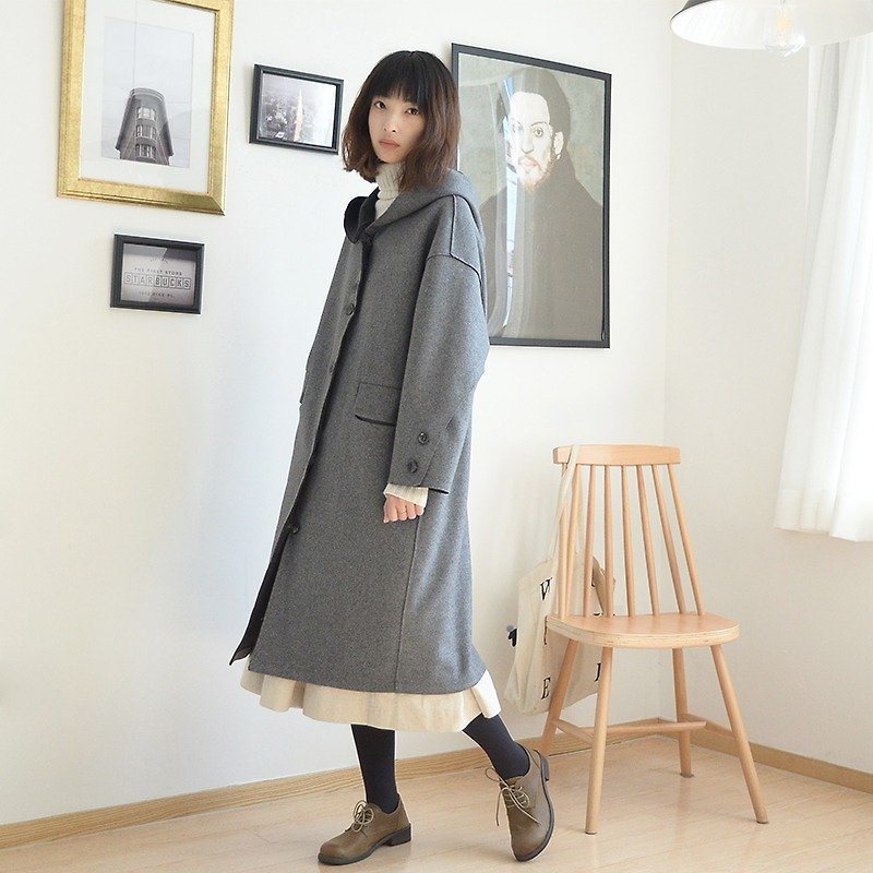 日系单排扣羊毛呢大衣|大衣|双面羊毛呢|独立品牌|Sora-75 - 女装休闲/机能外套 - 羊毛 灰色