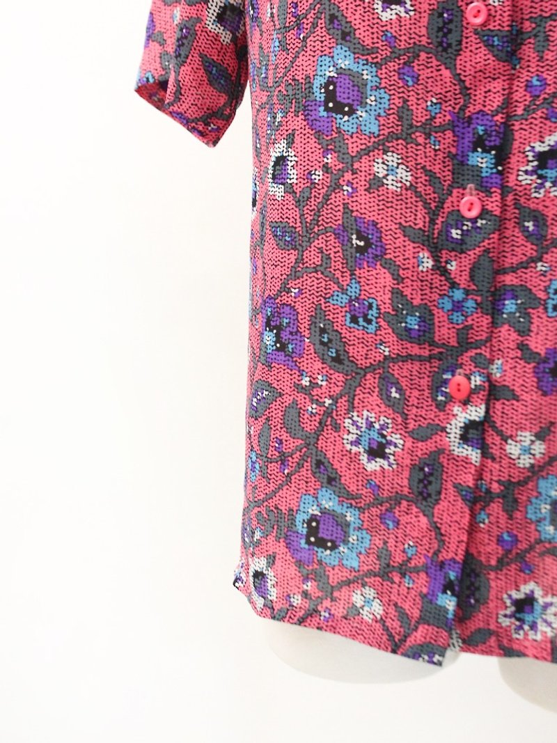 复古日本制桃红色几何图形短袖古着衬衫 Japanese Vintage Blouse - 女装衬衫 - 聚酯纤维 紫色