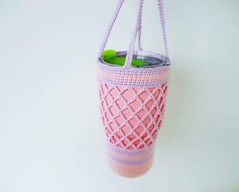浪漫粉篓空纯棉手钩编织包 环保袋 水壶袋 - 随行杯提袋/水壶袋 - 棉．麻 粉红色