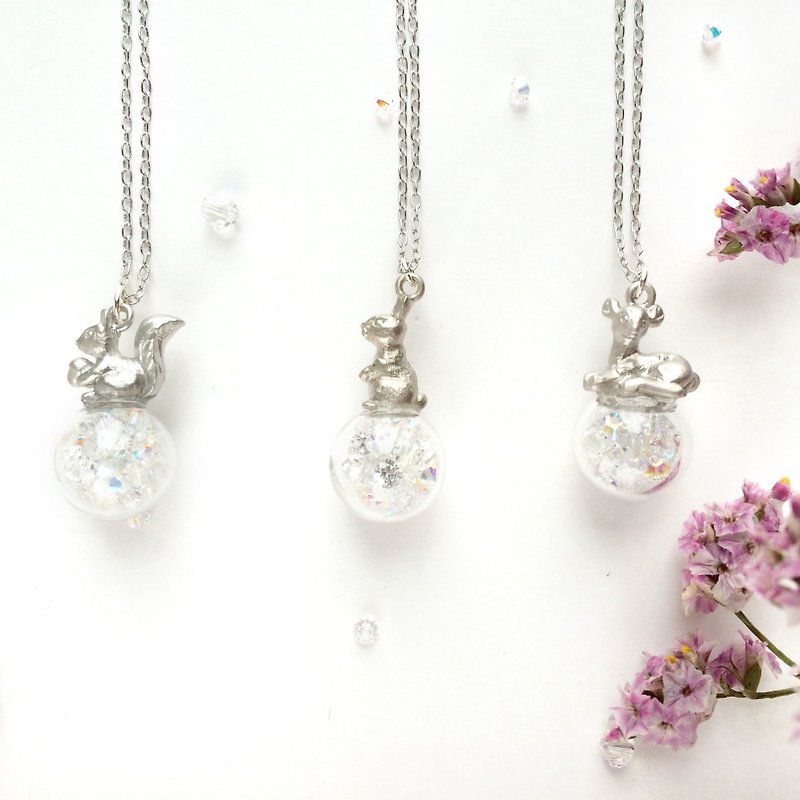 动物森林宝石盒子玻璃球盒子项链/松鼠/兔子/小鹿(银色) - 项链 - 玻璃 