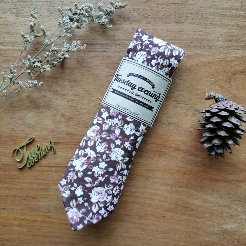 Necktie Dark Brown Floral - 领带/领带夹 - 棉．麻 咖啡色