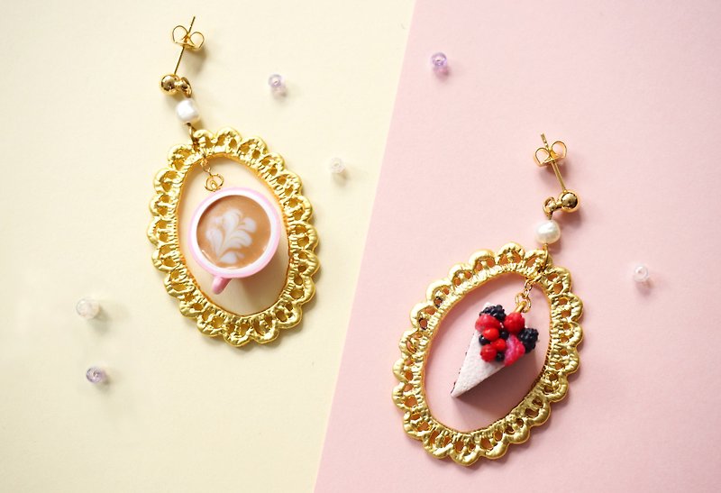 咖啡蛋糕 耳环/耳夹 手工软陶黏土 低温泥 - 耳环/耳夹 - 粘土 粉红色