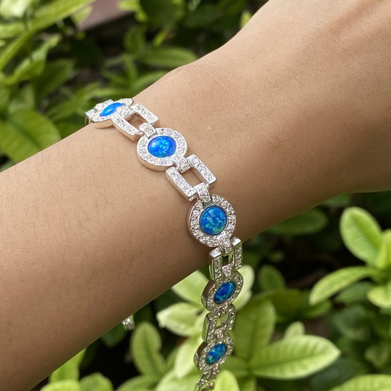 Art Deco Dark Blue Gilson Opal and CZ Stone Tennis Bracelet 925 Sterling Silver - 手链/手环 - 纯银 蓝色