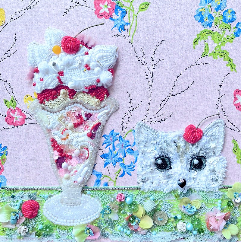 串珠 刺绣 艺术　猫和芭菲 - 墙贴/壁贴 - 绣线 