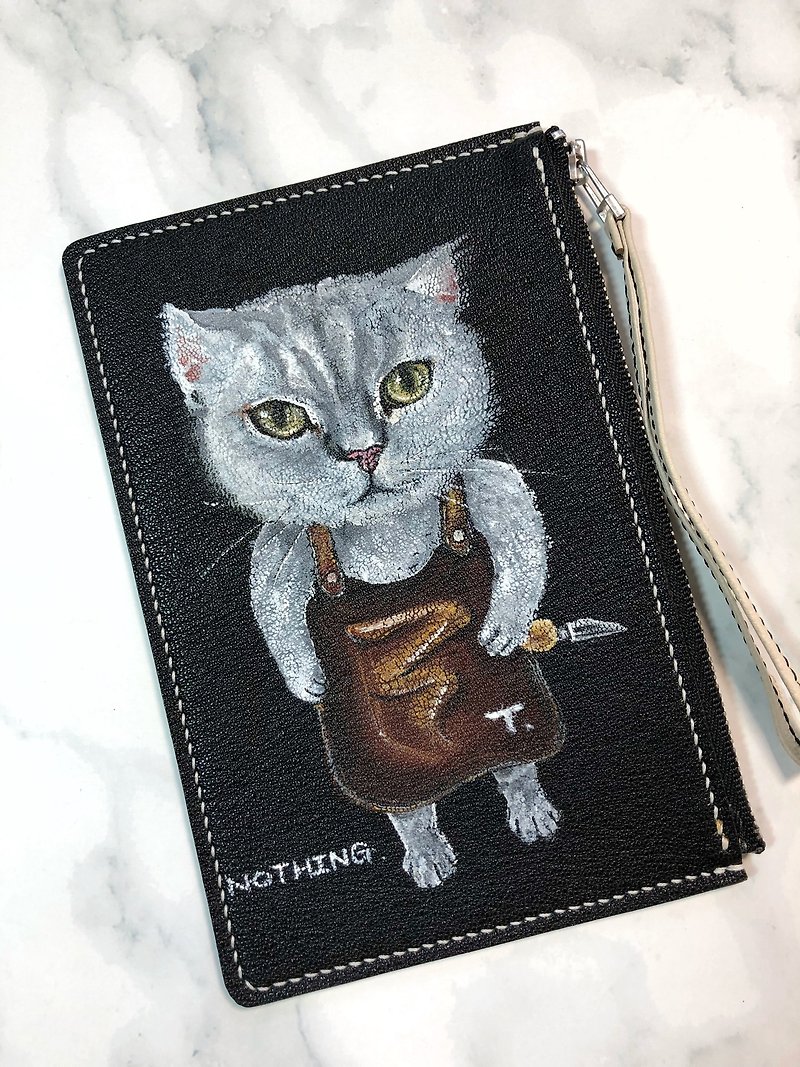 手绘图案 皮匠猫真皮零钱包 | 手机包 | 小皮夹 | 手拿包 - 手拿包 - 真皮 黑色