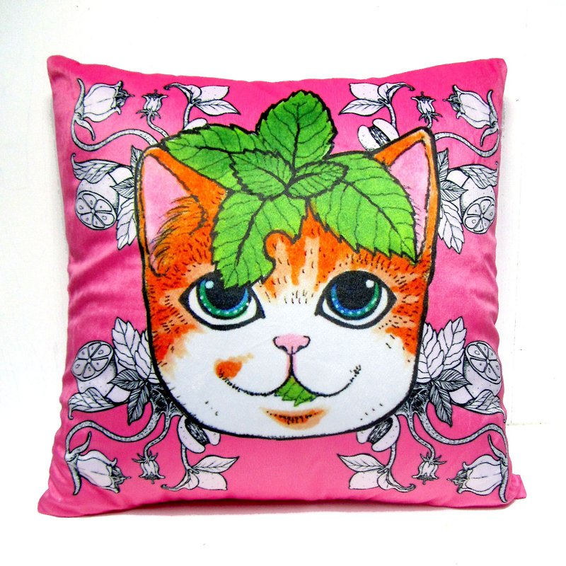 GOOKASO 粉红色 薄荷叶猫咪头像抱枕CUSHION 枕套 枕芯 套装 可拆洗 - 枕头/抱枕 - 聚酯纤维 绿色