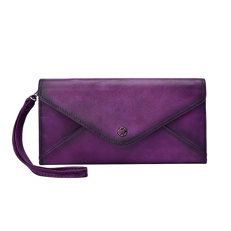 【母亲节礼物】女士牛皮长夹真皮手作钱包信封钱包+手提带 - 手拿包 - 真皮 紫色