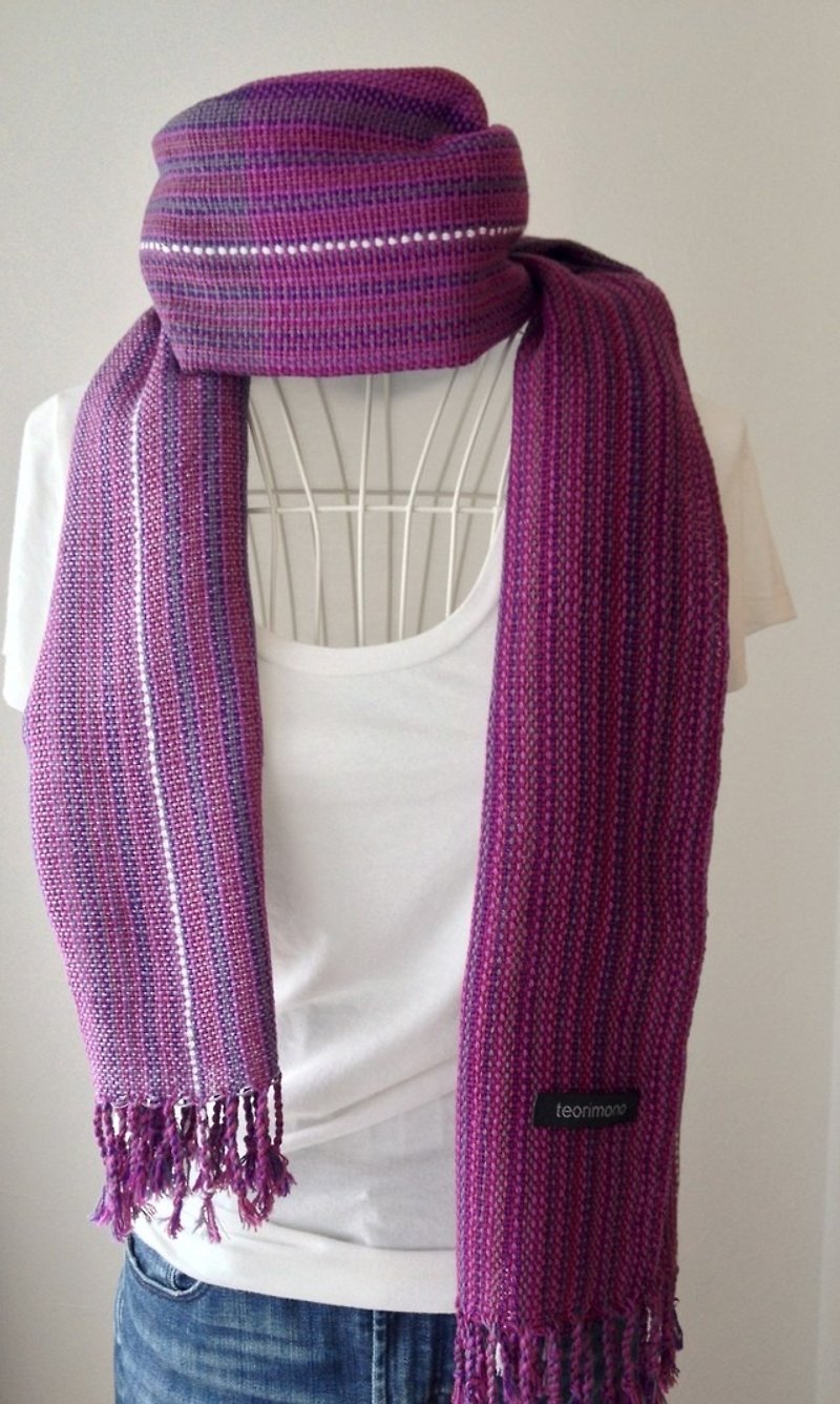 【綿：オールシーズン】手織りストール "Purple Stripe 5" - 丝巾 - 棉．麻 紫色