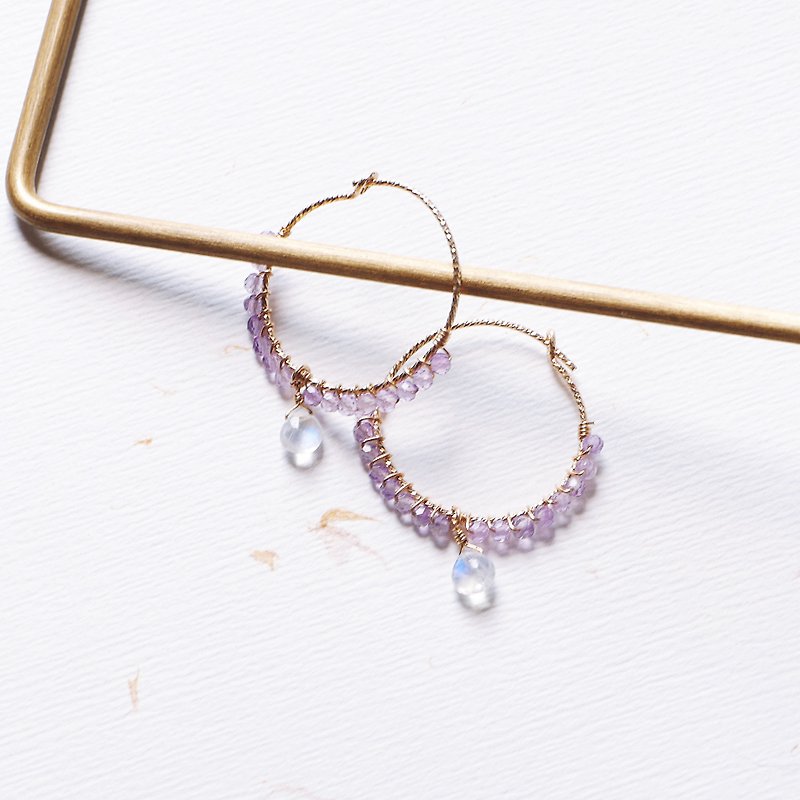 天然紫水晶圈圈耳环 透体蓝月光石 送礼 天然石 轻珠宝 - 耳环/耳夹 - 宝石 紫色