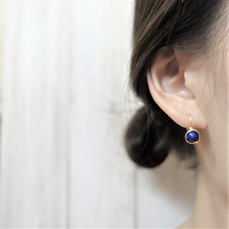 ll 6mm青金石 ll 金线框长耳针 / 一对 - 耳环/耳夹 - 半宝石 蓝色