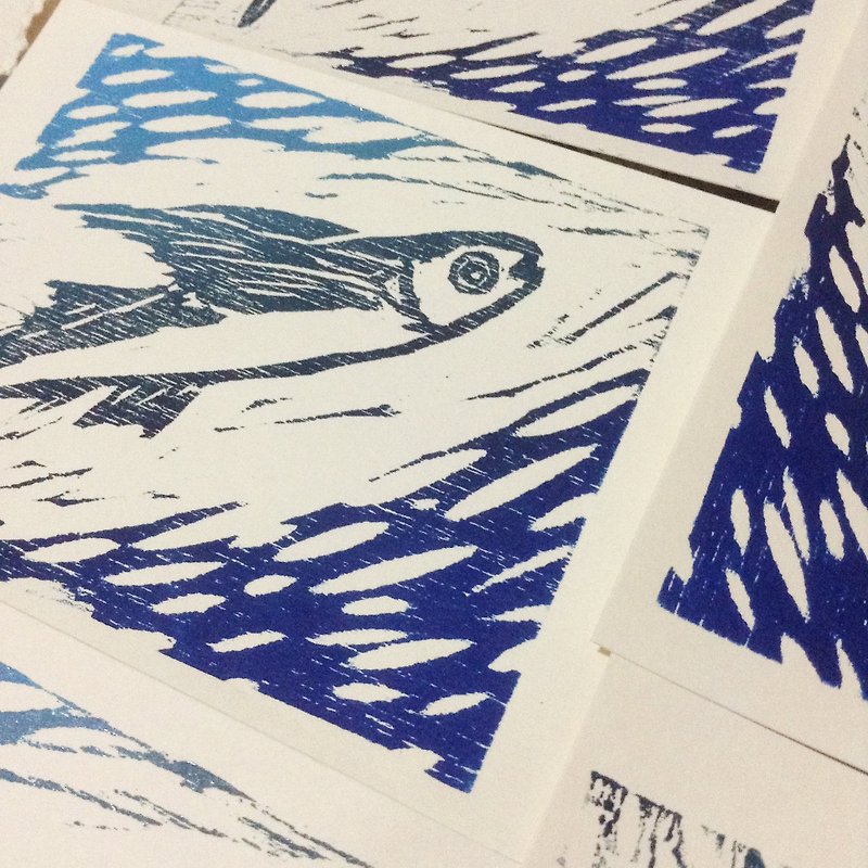 木刻飞鱼小卡 - 兰屿手工版印明信片 - 海报/装饰画/版画 - 纸 蓝色