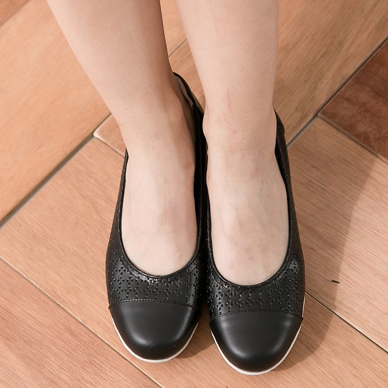 Maffeo 楔形鞋 休闲鞋 镂空压花美国进口牛皮厚底鞋(215木兰黑) - 芭蕾鞋/娃娃鞋 - 真皮 黑色