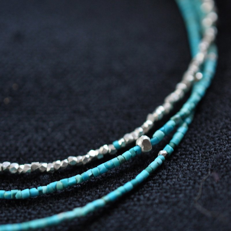 Turquoise and silver beads 3 tiered necklace (N0020) - 项链 - 石头 蓝色