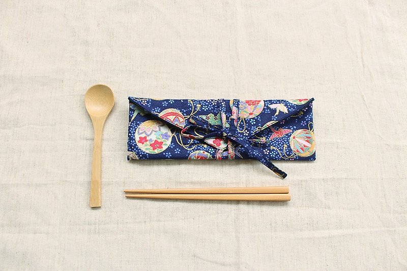 日式风格横式环保筷套/收纳袋 笔袋 - 筷子/筷架 - 棉．麻 蓝色