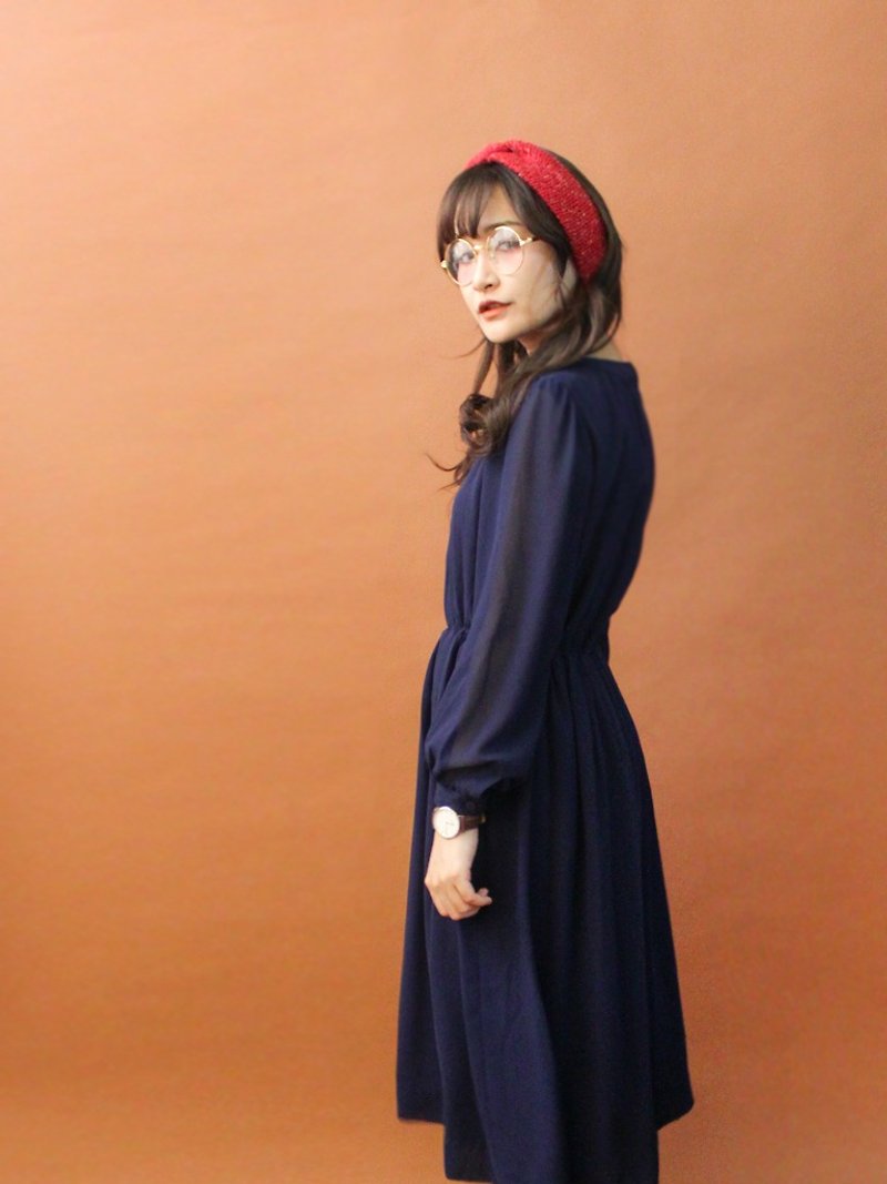 复古秋冬素色纯色深蓝色简约长袖古着洋装 Vintage Dress - 洋装/连衣裙 - 聚酯纤维 蓝色