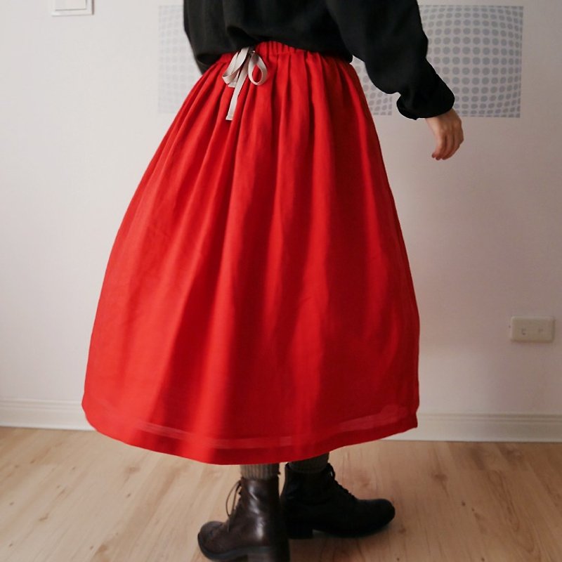 手作红色纯苎麻后抽绳侧口袋折裙（有内里） - 裙子 - 棉．麻 红色