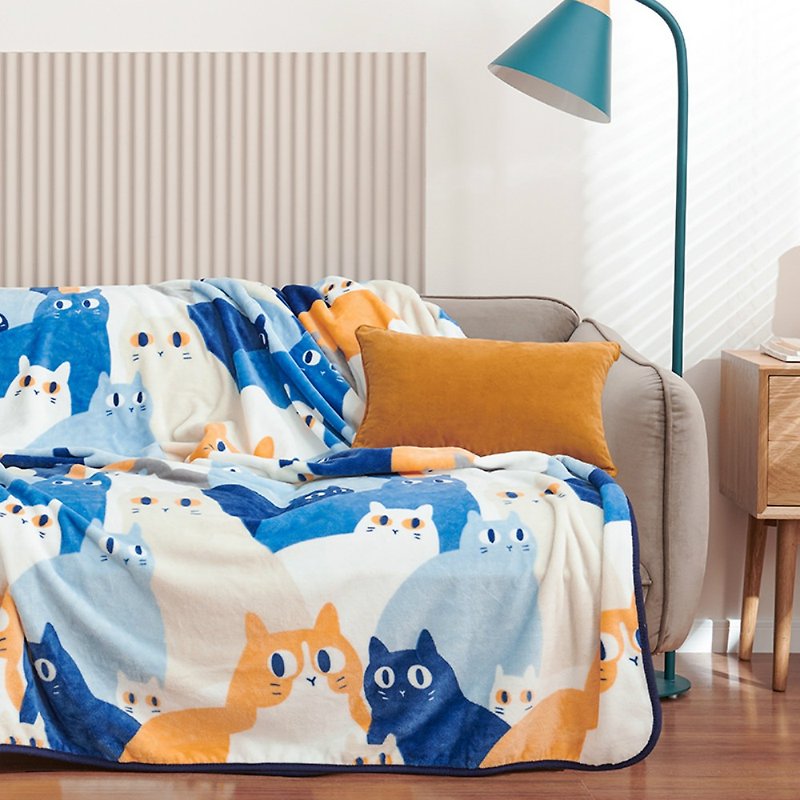 瞪瞪喵 貓咪雙面印花法蘭絨毯蓋毯子 藍白色柔軟空調無靜電休閑毯 - 被子/毛毯 - 聚酯纤维 蓝色