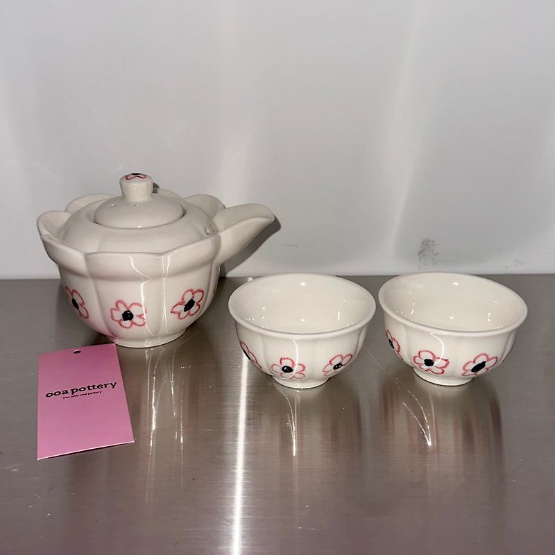粉色花朵茶壶套装 - 花瓶/陶器 - 陶 白色