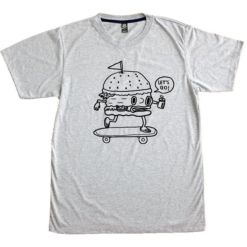 BURGER SKATEBOARDER illustration printing short-sleeved unisex cotton t-shirt - 男装上衣/T 恤 - 棉．麻 灰色