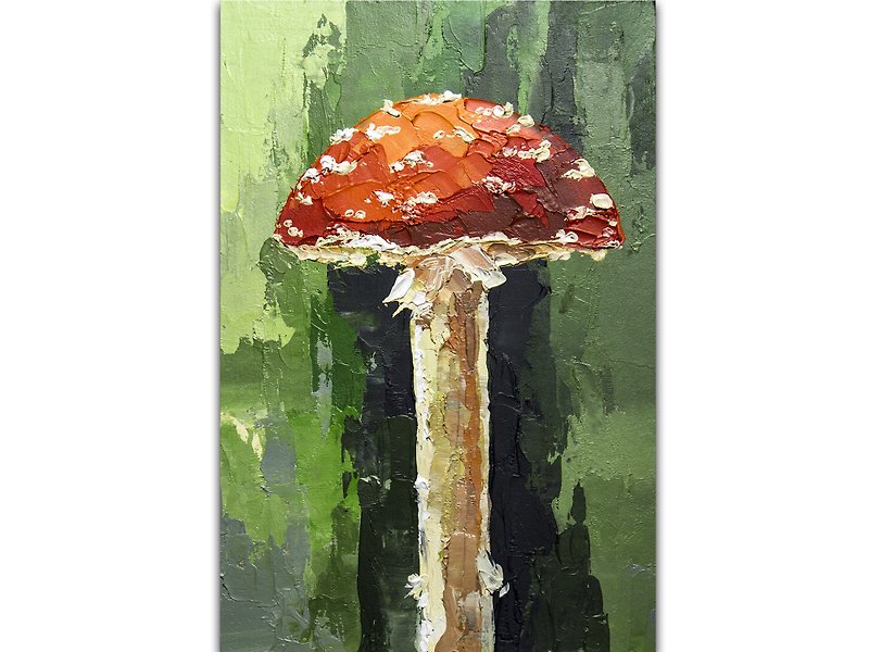 Fly Agaric Painting Mushroom Original Art Forest Hand-Painted Small Oil Painting - 海报/装饰画/版画 - 其他材质 红色