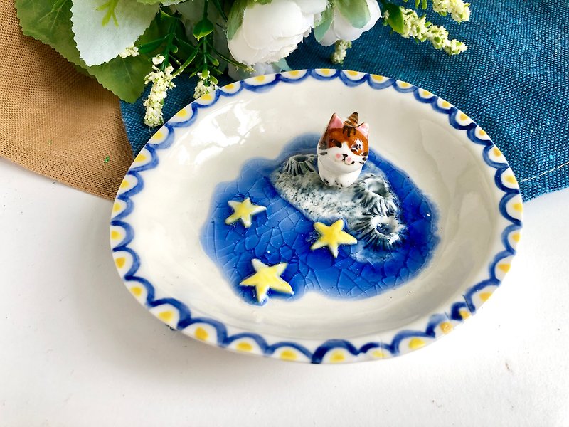 桌上风景 星空小猫陶瓷饰物碟 - 摆饰 - 瓷 蓝色