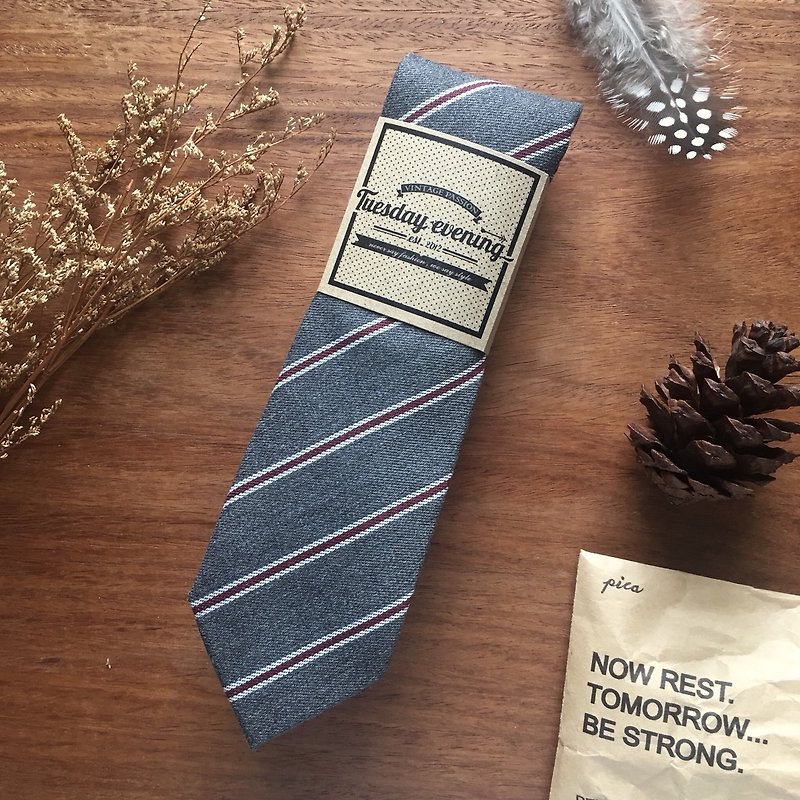 Neck Tie Pewter Grey Pin Stripe - 领带/领带夹 - 棉．麻 灰色