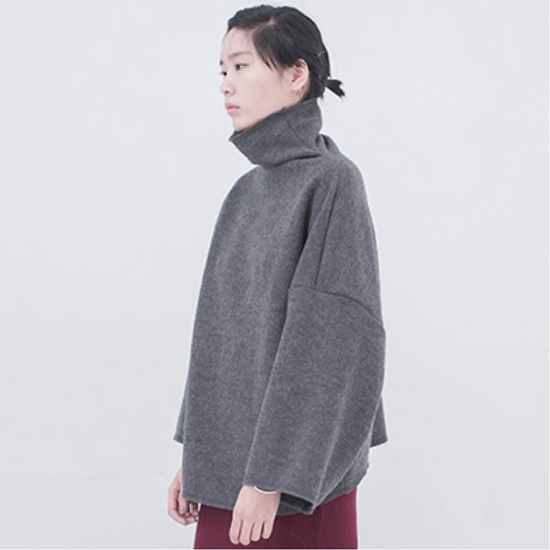 灰色 超厚 宽袖套头毛衣 95%羊毛复合面料 高领大廓型 前后两穿 - 女装针织衫/毛衣 - 羊毛 灰色