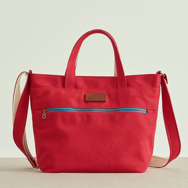纯棉帆布磁扣托特包红-B多隔层台湾制造 - 手提包/手提袋 - 棉．麻 红色