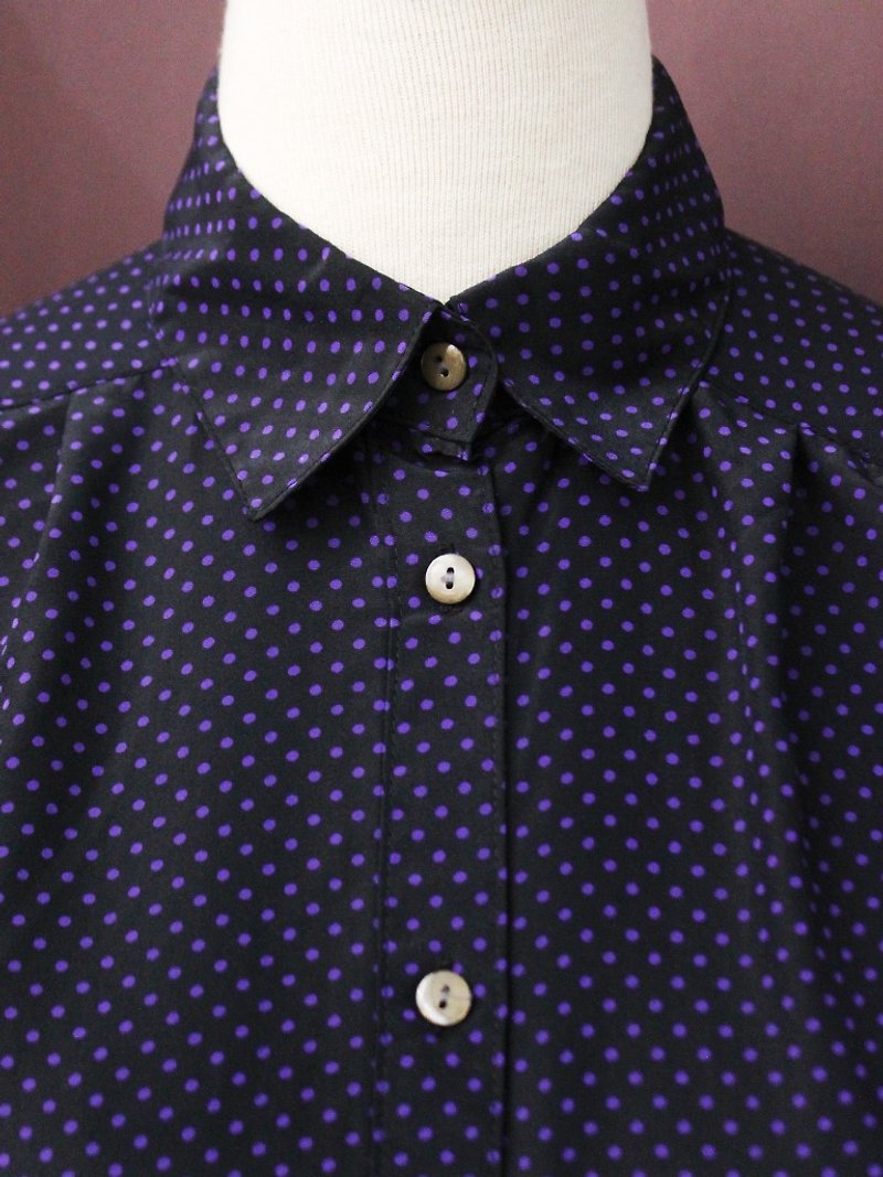 复古日本制简约蓝紫色圆点点深蓝色长袖古着衬衫 - 女装衬衫 - 聚酯纤维 蓝色
