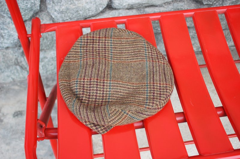 H507[Vintage帽子]{英国制里标}Flat Cap咖啡色格纹100%喀什米尔羊毛帽(Made in England) - 帽子 - 羊毛 咖啡色
