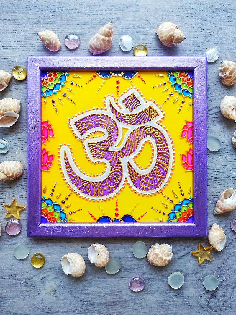 Om符号曼陀罗冥想精神神圣几何AUM绘画瑜伽礼物 - 墙贴/壁贴 - 玻璃 紫色